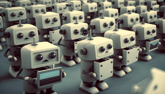 Robôs inteligentes se juntando em uma rede - tecnologia de inteligência artificial moderna.