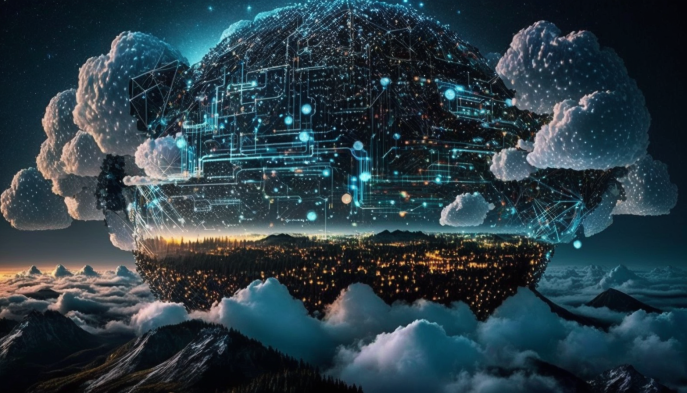 Uma ilustração de uma cidade moderna mostrando conexão de Edge Computing, com linhas brilhantes no céu contrastando com os edifícios abaixo.