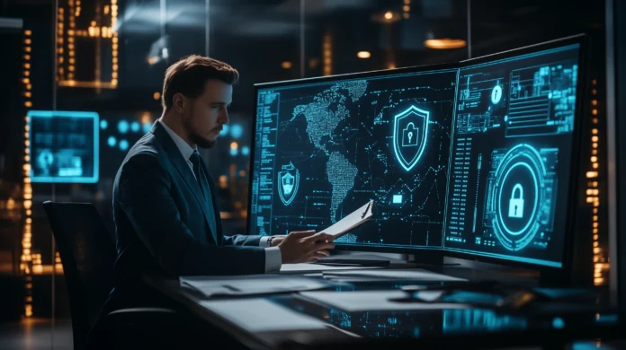 Profissional de proteção de dados (encarregado de dados) revisando informações de segurança em telas digitais.