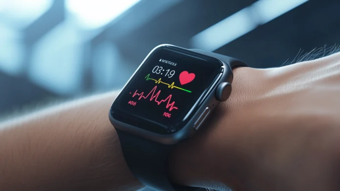 Apple Watch exibindo um aplicativo de monitoramento de saúde com gráfico de batimentos cardíacos no pulso de uma pessoa. (Aplicativos)