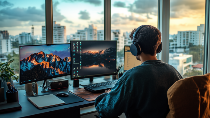 Homem em um home office moderno com vista urbana, usando fones de ouvido e trabalhando em dois monitores, em um ambiente organizado e tecnológico. (Trabalho Remoto)
