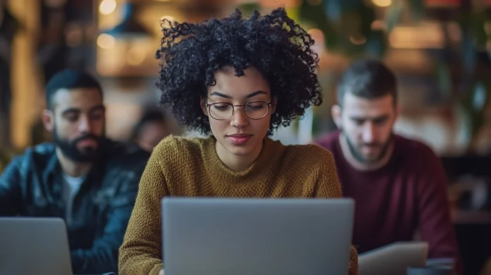 Mulher jovem com cabelos cacheados e óculos trabalhando em um laptop, com dois homens ao fundo também usando computadores em um ambiente colaborativo. (Diversidade na segurança da informação)