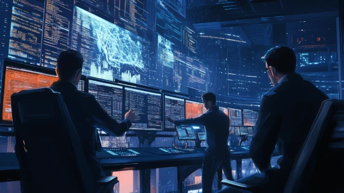 Profissionais de TI trabalhando em um centro de operações de segurança moderno, monitorando dados cibernéticos em várias telas, com vista noturna de uma cidade iluminada ao fundo. (soc siem)