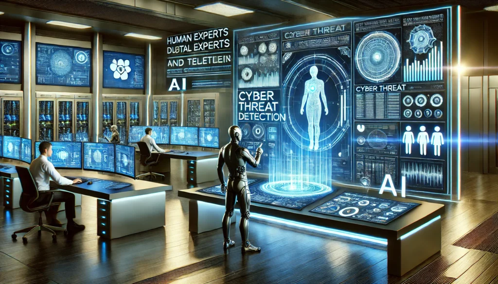 Mind The Sec 2024: Stefanini Cyber apresenta Inovação com IA no SOC 1 DALL·E 2024 09 26 15.03.37 A high tech cybersecurity operations center where human experts and AI systems work together seamlessly. The setting features advanced digital screens