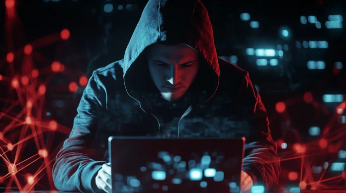 Hacker em capuz concentrado usando laptop em um ambiente iluminado por luzes vermelhas, simbolizando ações de cibersegurança.