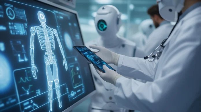 Médico interagindo com tela digital de exames, enquanto robôs colaborativos (cobots) trabalham ao fundo em um hospital futurista. (Hospitais)