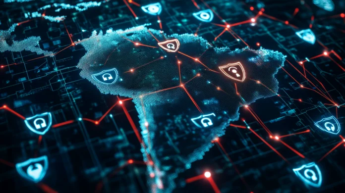 Imagem representando cibersegurança em 2024, destacando ataques cibernéticos ao STJ (Superior Tribunal de Justiça) no Brasil. A imagem ilustra medidas de proteção digital e segurança de dados, com referência a ataques de ransomware e vulnerabilidades críticas que afetaram a infraestrutura digital do tribunal. Ciberataques como esses demonstram a crescente importância de soluções avançadas de cibersegurança para proteger informações sensíveis de governos e instituições jurídicas