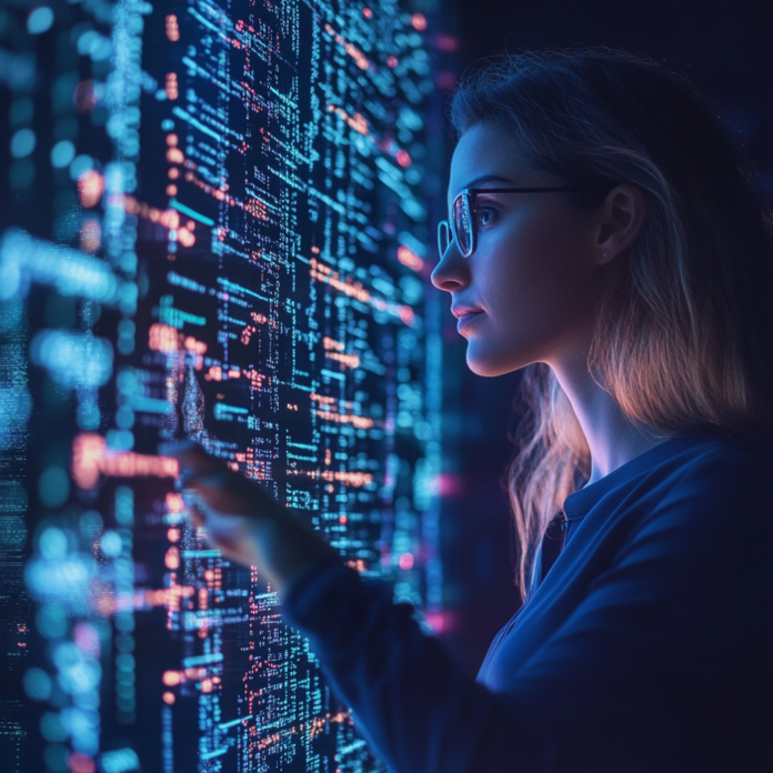 Mulher analisando dados de segurança digital com ajuda de inteligência artificial, representando o conceito de microssegmentação em cibersegurança. A microssegmentação melhora a proteção de redes ao dividir ambientes em segmentos menores e isolados, prevenindo ataques cibernéticos avançados. Entenda como a inteligência artificial auxilia na análise e proteção desses dados de forma eficaz.