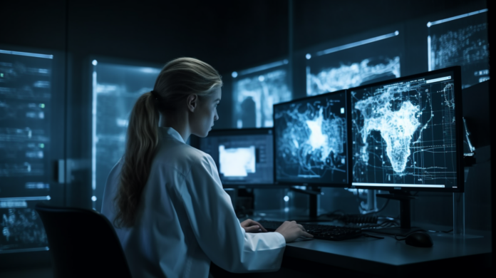 Tecnologia na Saúde | Profissional de saúde usando tecnologia de IA e big data para monitoramento em tempo real, destacando o papel da tecnologia no avanço da saúde no Brasil.