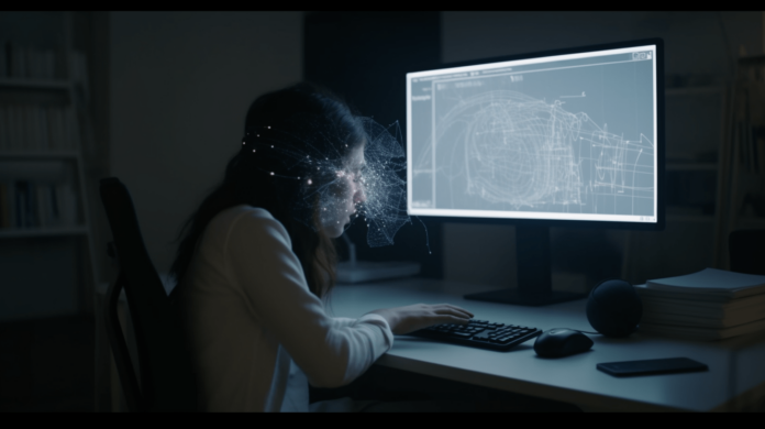 Mulher analisando dados em um computador com o suporte de uma ferramenta de inteligência artificial (IA), destacando o uso de IA para otimização de processos e tomada de decisões empresariais. Descubra como a IA está revolucionando a análise de dados e melhorando a eficiência operacional