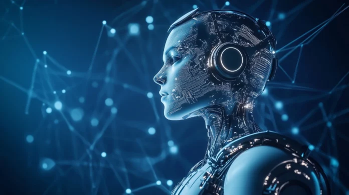 Robô feminino futurista com cérebro digital e conexões iluminadas, representando a inteligência artificial.