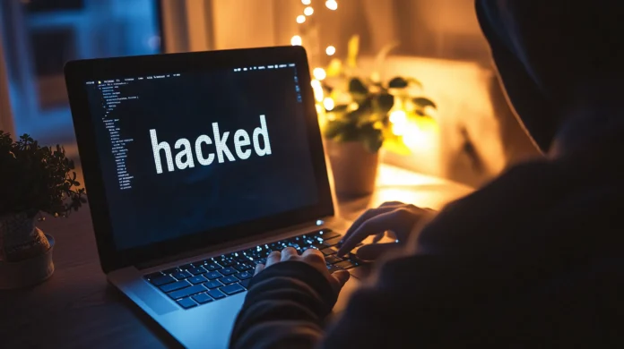 Pessoa trabalhando em um laptop, com a palavra 'hacked' exibida na tela, indicando uma possível invasão digital. (Cibersegurança)