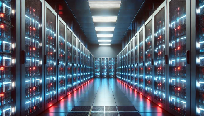 DATA CENTERS| Imagem de um data center moderno com fileiras de racks de servidores iluminados por luzes azul e vermelha. Os servidores estão organizados em gabinetes escuros, com luzes indicadoras piscando. O ambiente é limpo, tecnológico e organizado, refletindo a infraestrutura avançada de TI, com foco em eficiência, segurança e resiliência.