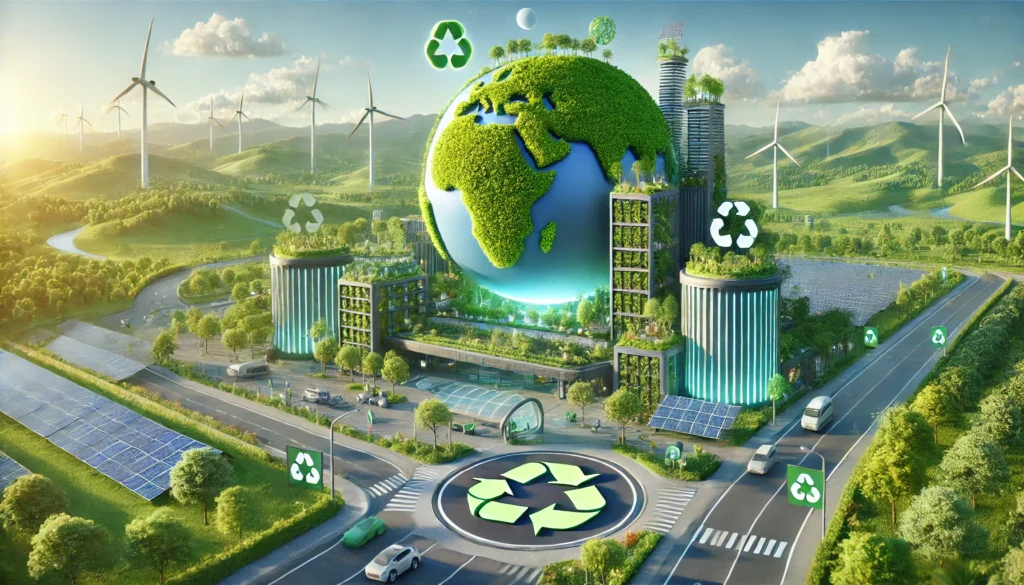Sustentabilidade na Saúde: Iniciativas que Fazem a Diferença nos Hospitais 1 DALL·E 2024 10 31 12.51.02 A futuristic eco friendly building with a large globe covered in greenery on the roof surrounded by symbols of sustainability like recycling renewab 2