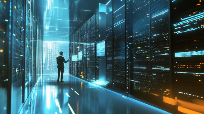 Imagem realista de profissionais de TI em um data center moderno, utilizando tecnologia de virtualização e colaborando em análise de dados