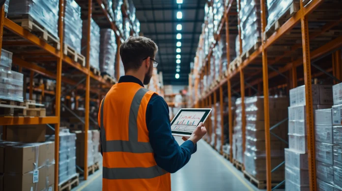 Engenheiro com tablet em um armazém, analisando dados logísticos. (LLMs)