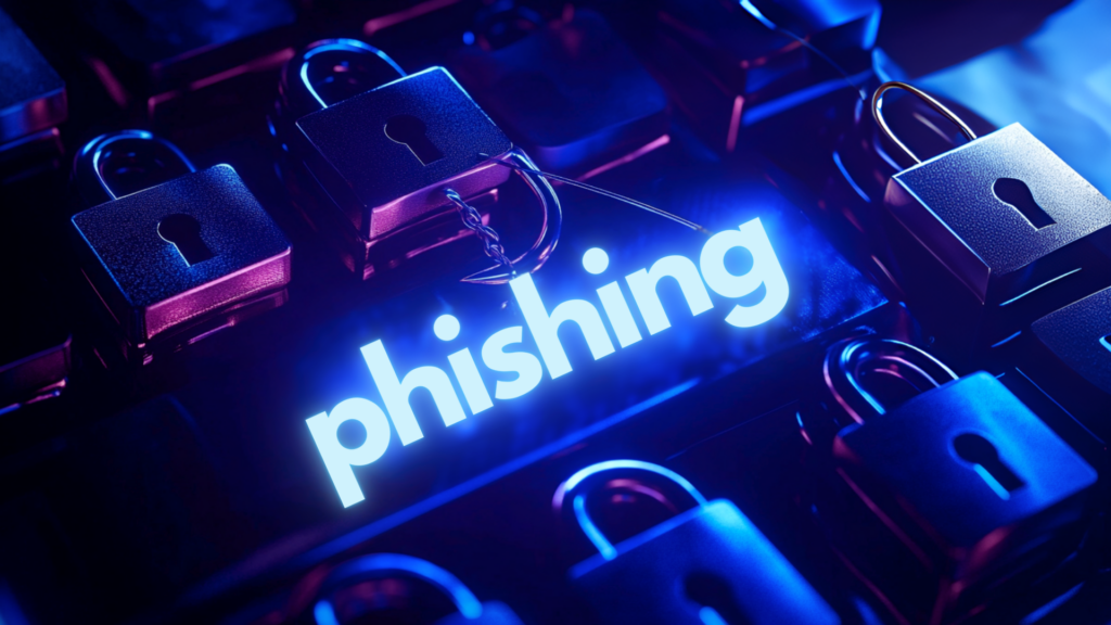 Como agir no caso de vazamento de dados no território brasileiro 1 Imagem representando phishing, com uma palavra 'phishing' iluminada em neon azul e cadeados ao fundo, simbolizando ameaças à segurança cibernética.