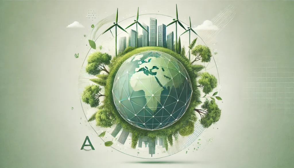 Sustentabilidade na Saúde: Iniciativas que Fazem a Diferença nos Hospitais 2 DALL·E 2024 11 01 15.15.46 An artistic representation of a globe with greenery trees and modern buildings on top symbolizing a sustainable world. Wind turbines are integrated