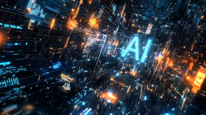 Letras de IA flutuando em um ambiente futurista de rede de dados, cercadas por elementos holográficos brilhantes, circuitos intrincados e uma vasta matriz digital. As letras aparecem metálicas com destaques em azul neon, enfatizando a inteligência artificial.