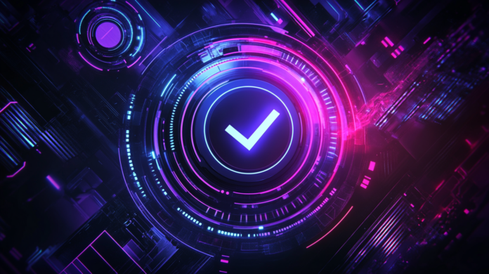 Imagem abstrata representando compliance em TI, com um ícone futurista de escudo digital e símbolo de verificação ao centro. A imagem em tons de azul e rosa neon simboliza segurança, conformidade e proteção de dados no ambiente tecnológico.