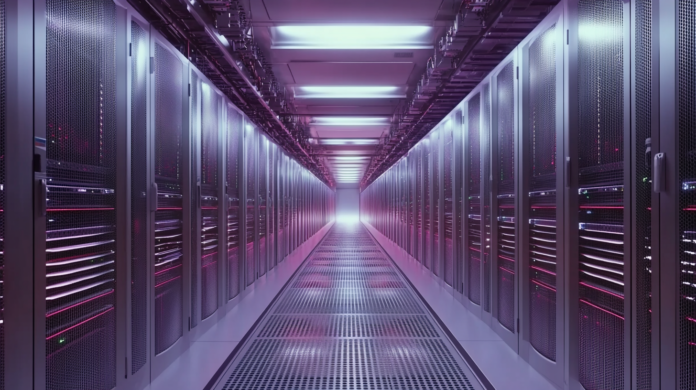 Interior de um data center de alta tecnologia, com corredores longos e centrais de servidores alinhadas dos dois lados. A iluminação suave em tons de roxo e azul cria um ambiente futurista. Esse espaço simboliza o uso de virtualização para maximizar o desempenho e a eficiência dos recursos digitais.