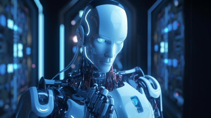 Um robô humanoide futurista interagindo com um cadeado digital em uma interface tecnológica, simbolizando inteligência artificial no trabalho, com circuitos iluminados por luzes neon azul e branca em um ambiente cibernético avançado