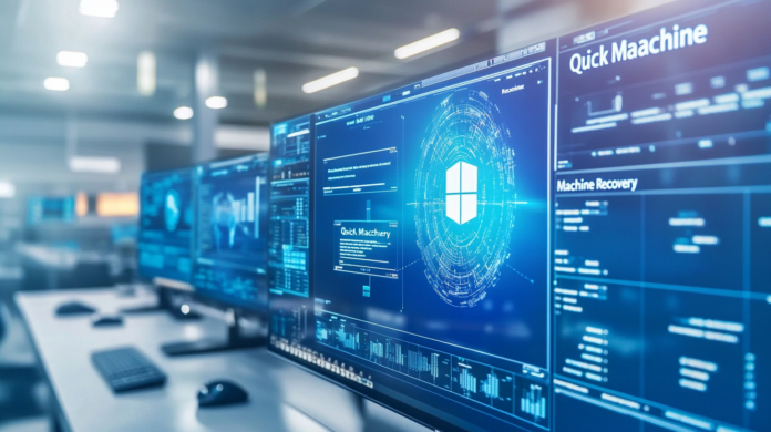 Uma foto hiper-realista de uma sala de controle corporativa futurista, exibindo a ferramenta Quick Machine Recovery da Microsoft em ação, destacando a segurança avançada do Windows.