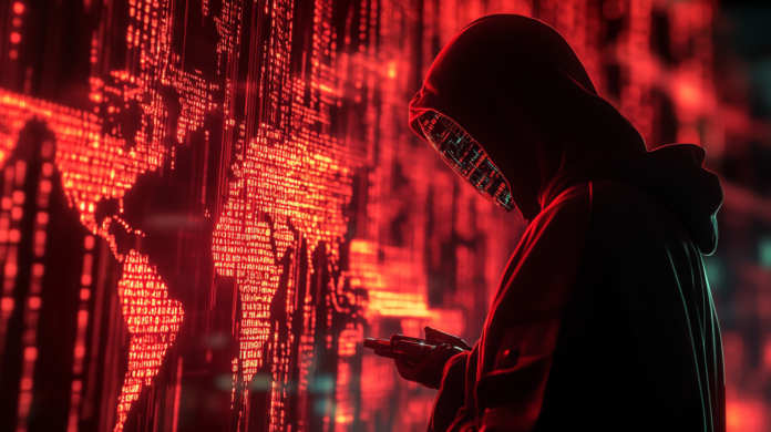 Imagem hiper-realista de uma violação de segurança digital na América Latina, com o Brasil destacado como principal alvo de infostealers, exibindo código binário, um hacker e um mapa iluminado.