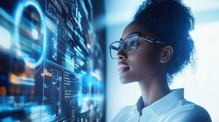 Tecnologia da Informação Profissionais em um data center moderno com servidores iluminados, analisando hologramas que representam tecnologia em nuvem, automação e inteligência artificial.