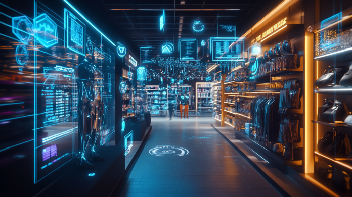 Imagem hiper-realista de uma loja de varejo futurista com agentes de Inteligência artificial auxiliando clientes, sugestões de produtos holográficas e visualizações de dados flutuantes.