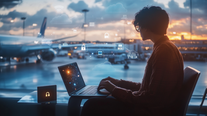 Viajante em um aeroporto usando um laptop conectado a uma VPN, representando segurança dos dados com ícones de criptografia, cadeados e um passaporte em destaque.