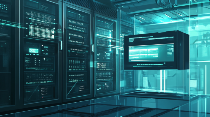 Ambiente moderno de data center com servidores e telas digitais exibindo dados, ilustrando o conceito de Virtualização BIOS e seu papel na otimização de recursos computacionais em empresas.