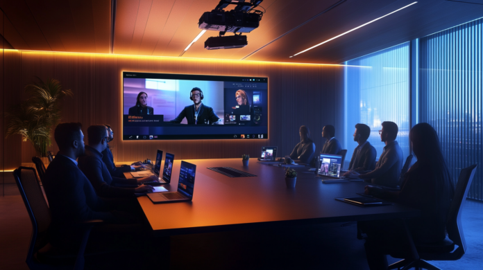 Salas de reunião moderna e híbrida com tecnologia avançada, mostrando participantes conectados presencialmente e remotamente em uma videoconferência, destacando colaboração eficiente e integração tecnológica.