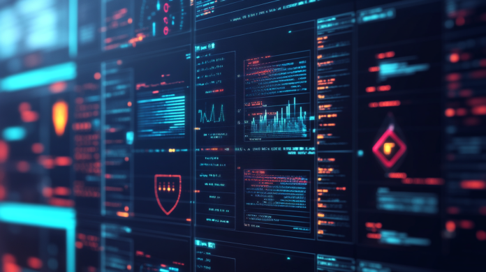 Tela de computador exibindo um painel de segurança cibernética com gráficos de análise de ameaças e resultados de testes de vulnerabilidade de rede. Ao fundo, ícones desfocados de escudos, cadeados e linhas de código representam a proteção com antivírus e infraestrutura de segurança digital, criando um ambiente profissional e seguro de alta tecnologia.