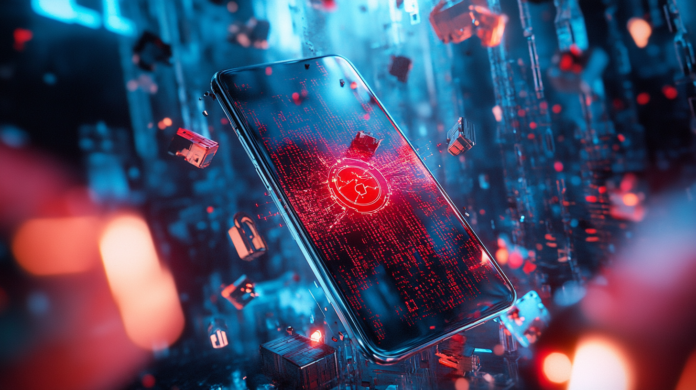 Imagem representando ameaças cibernéticas em dispositivos móveis, destacando um smartphone com linhas de código vermelho, cadeados quebrados e elementos digitais futuristas em tons de azul e vermelho, simbolizando vulnerabilidades e avanços tecnológicos.