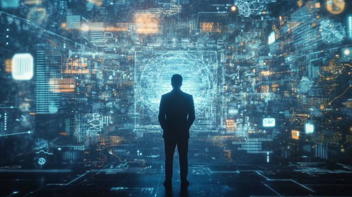 Imagem ilustrando a comunicação unificada em um ambiente corporativo moderno, com diversas ferramentas digitais conectadas, como videoconferências, chats e compartilhamento de documentos, tudo integrado de maneira fluida. A imagem destaca a facilidade e eficiência de se comunicar de forma centralizada e colaborativa, refletindo como a comunicação unificada pode melhorar a produtividade e a conectividade nas empresas.