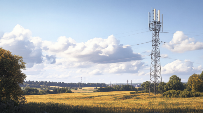 Uma torre de telecomunicações alta em um campo rural, cercada por gramados abertos e árvores sob um céu parcialmente nublado. A cena reflete a integração da infraestrutura de telecomunicações em áreas rurais, destacando o papel das políticas públicas na expansão da conectividade para regiões remotas.