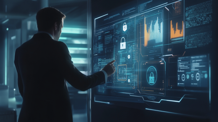 C-Levels Executivo em um escritório moderno interagindo com uma interface holográfica que exibe gráficos de segurança e cadeados digitais, representando cibersegurança para líderes corporativos.