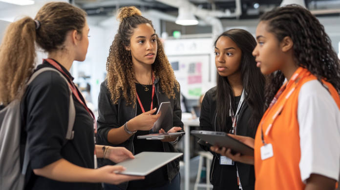 Jovens mulheres em uma conversa inspiradora e colaborativa, segurando dispositivos digitais em um ambiente moderno de coworking, simbolizando empoderamento e inovação feminina no campo da tecnologia.