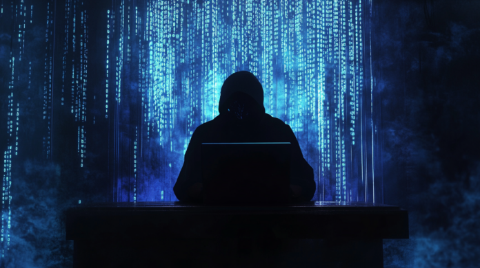 Figura encapuzada representando um hacker anônimo em frente a um laptop, com fundo de código binário azul, simbolizando ameaças digitais e segurança da informação.
