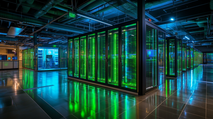 Imagem de um data center verde com racks de servidores iluminados por LEDs verdes, piso brilhante e reflexivo, e teto com iluminação embutida, destacando a eficiência energética e a sustentabilidade do ambiente tecnológico.