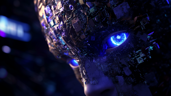 Imagem de um androide futurista com rosto coberto por componentes eletrônicos e circuitos complexos, representando inteligência artificial avançada. O olho do androide brilha em azul, sugerindo uma visão artificial intensa e tecnológica. Ao fundo, há gráficos holográficos e elementos de interface digital, evocando a sensação de uma conexão com sistemas de dados e tecnologia de ponta. A imagem transmite uma atmosfera de inovação e integração entre humanos e máquinas em um cenário futurista.