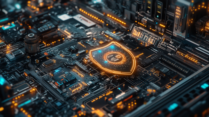 Representação digital hiper-realista da cibersegurança, com um escudo brilhante simbolizando proteção, tecnologia avançada e circuitos complexos, transmitindo a importância da cibersegurança na proteção de dados sensíveis.
