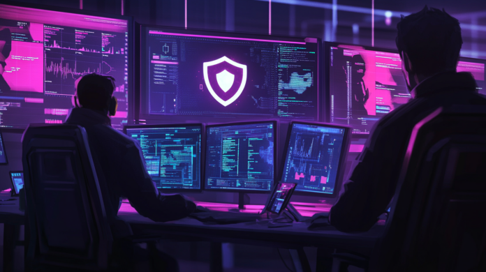 Dois profissionais de cibersegurança monitoram telas com análises em tempo real, destacando um ícone de escudo digital que simboliza proteção durante a Black Friday. A imagem reflete o ambiente de alta vigilância essencial para a segurança de dados em e-commerces, com tons de roxo e azul que reforçam o foco tecnológico.