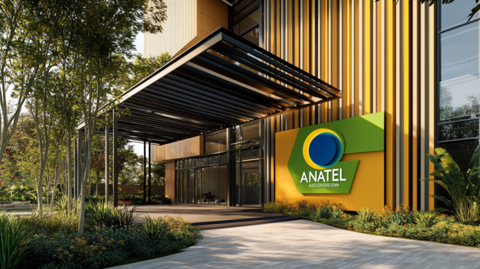 VoIP: Fachada da Anatel com logotipo em destaque – esfera azul e arco amarelo. Edifício moderno ao fundo em tons de amarelo e laranja. Agência regula telecomunicações.