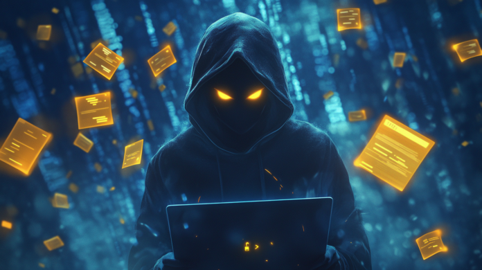 Imagem de Hackers com vários documentos voando ao lado