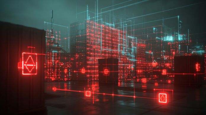 Vulnerabilidades Imagem hiper-realista de uma rede neural digital com ícones de alerta vermelho, representando ameaças à cadeia de suprimentos de IA em plataformas open source como Hugging Face e PyTorch.