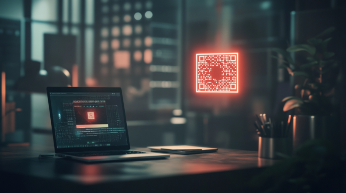 Imagem hiper-realista de um QR code brilhando com luz vermelha acima de uma mesa, com um laptop ao fundo exibindo uma mensagem de alerta sobre QR codes maliciosos em e-mails.