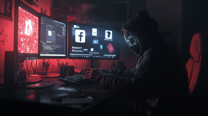 Imagem hiper-realista de um hacker mirando contas do Facebook e roubando dados de cartões de crédito com malware, com arquivos de banco de dados e detalhes de cartões exibidos holograficamente em um ambiente escuro.