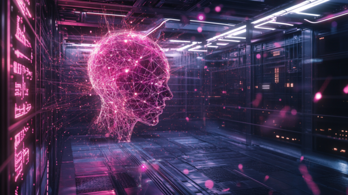 Imagem hiper-realista de inteligência artificial com redes neurais, robótica e fluxos de dados digitais, destacando a complexidade e a inovação contínua.